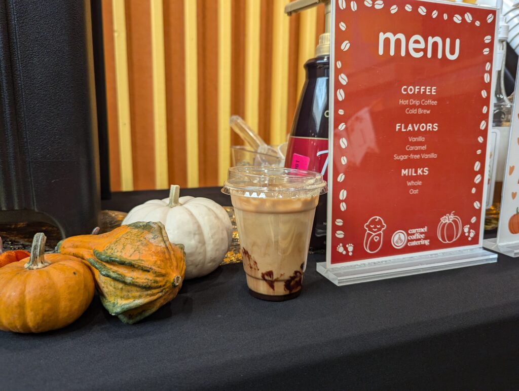 pumpkin themed coffee bar at baby shower